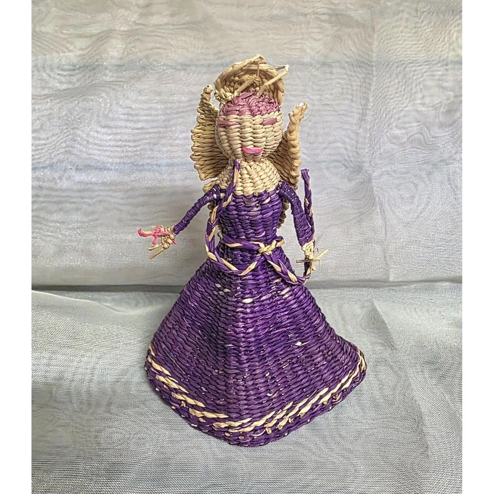 Handmade Woven Straw Raffia Angel Figurine Purple Dress Basket Folk Art‎ Decor